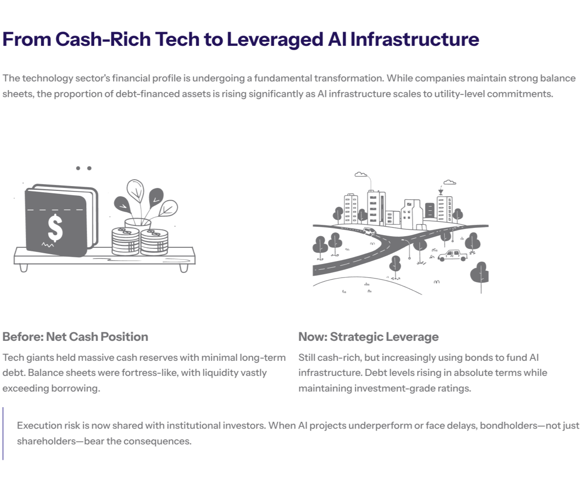 Bar chart visualizing projected global AI and cloud capex climbing toward hundreds of billions of dollars by 2030, labeled as “utility-scale infrastructure” comparable to telecom and power grids.