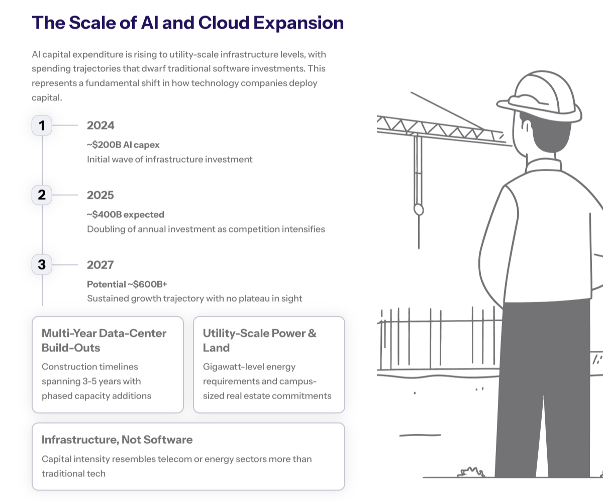 Infographic listing major issuers with rough issuance bands, alongside icons for multi-tranche deals, 5–40 year maturities, and “use of proceeds: AI data centres and cloud,” summarizing how AI-related bonds are structured.