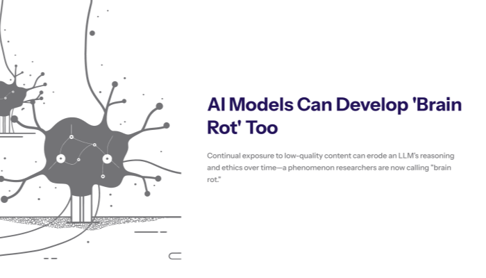 Illustration comparing a healthy neural network to a “rotting” one, with clean documents on one side and noisy social media posts on the other, symbolizing how junk data degrades AI model cognition.