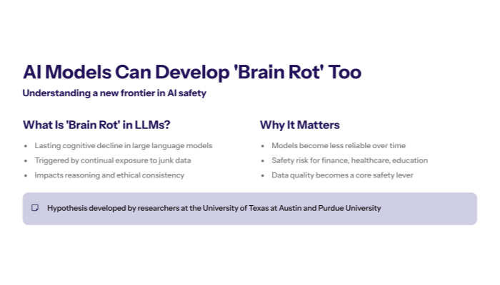 Diagram showing a data pipeline where high-quality text is gradually replaced by short viral posts and clickbait headlines, highlighting junk web text as a causal driver of AI performance decline.