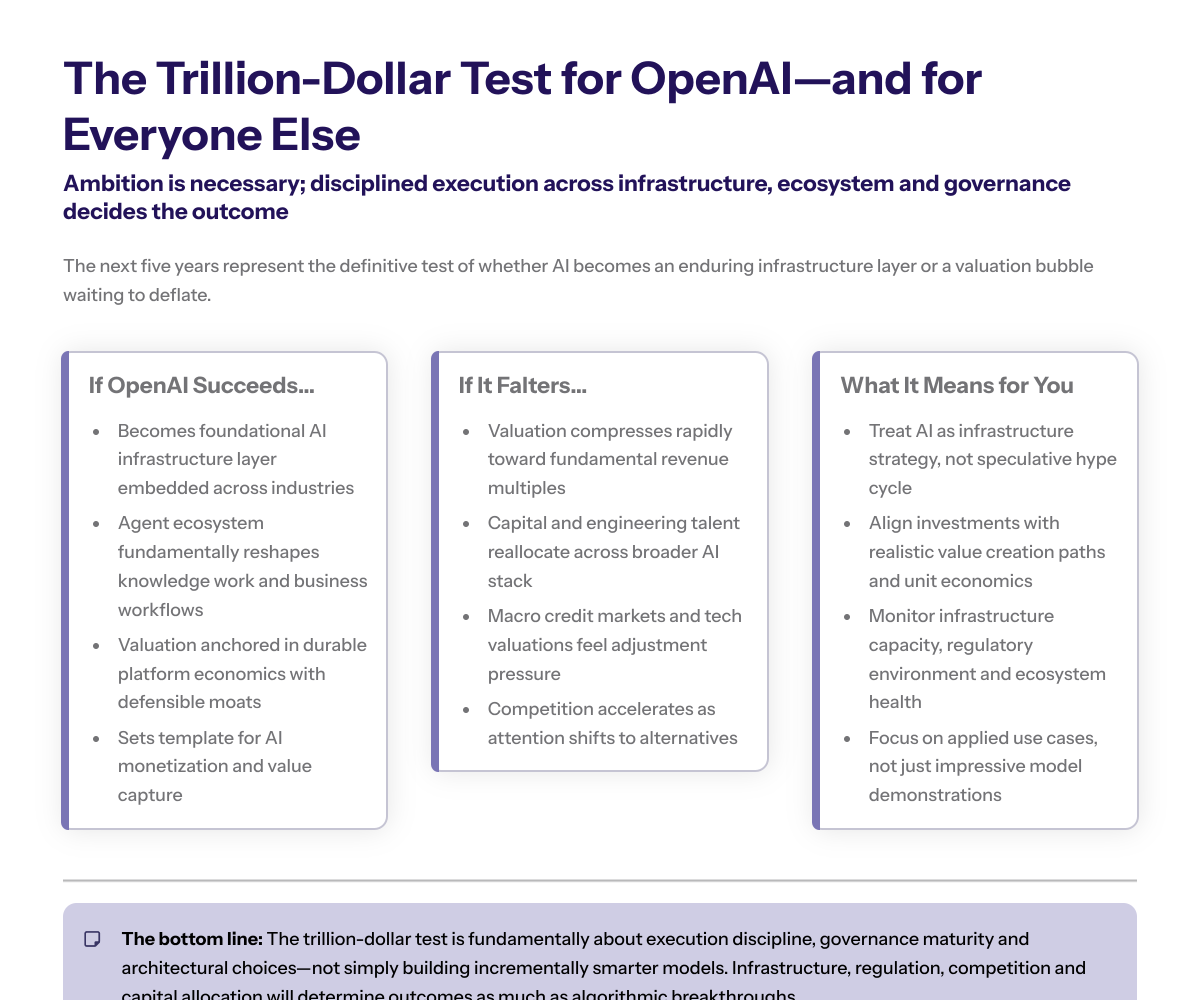 Forward-looking dashboard summarizing key levers for OpenAI’s valuation—revenue growth, ecosystem depth, infrastructure resilience, and regulatory environment—framed as inputs to the “trillion-dollar test.”