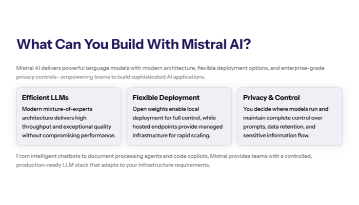 Diagram of the Mistral ecosystem with three labeled blocks: “La Plateforme (APIs),” “Le Chat (UI),” and “Open Models (self-hosted),” connected to use cases like chatbots, agents, and internal tools.