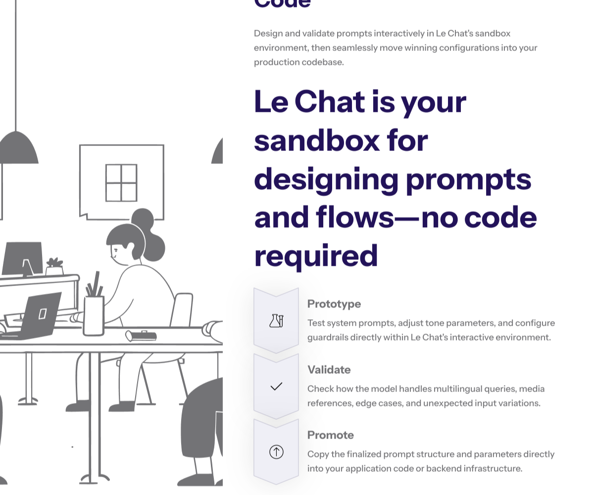 Slide showing side-by-side pseudo-code snippets in Python and JavaScript calling the Mistral chat completions endpoint, with labels highlighting “model name,” “messages[],” and “temperature/top_p.”