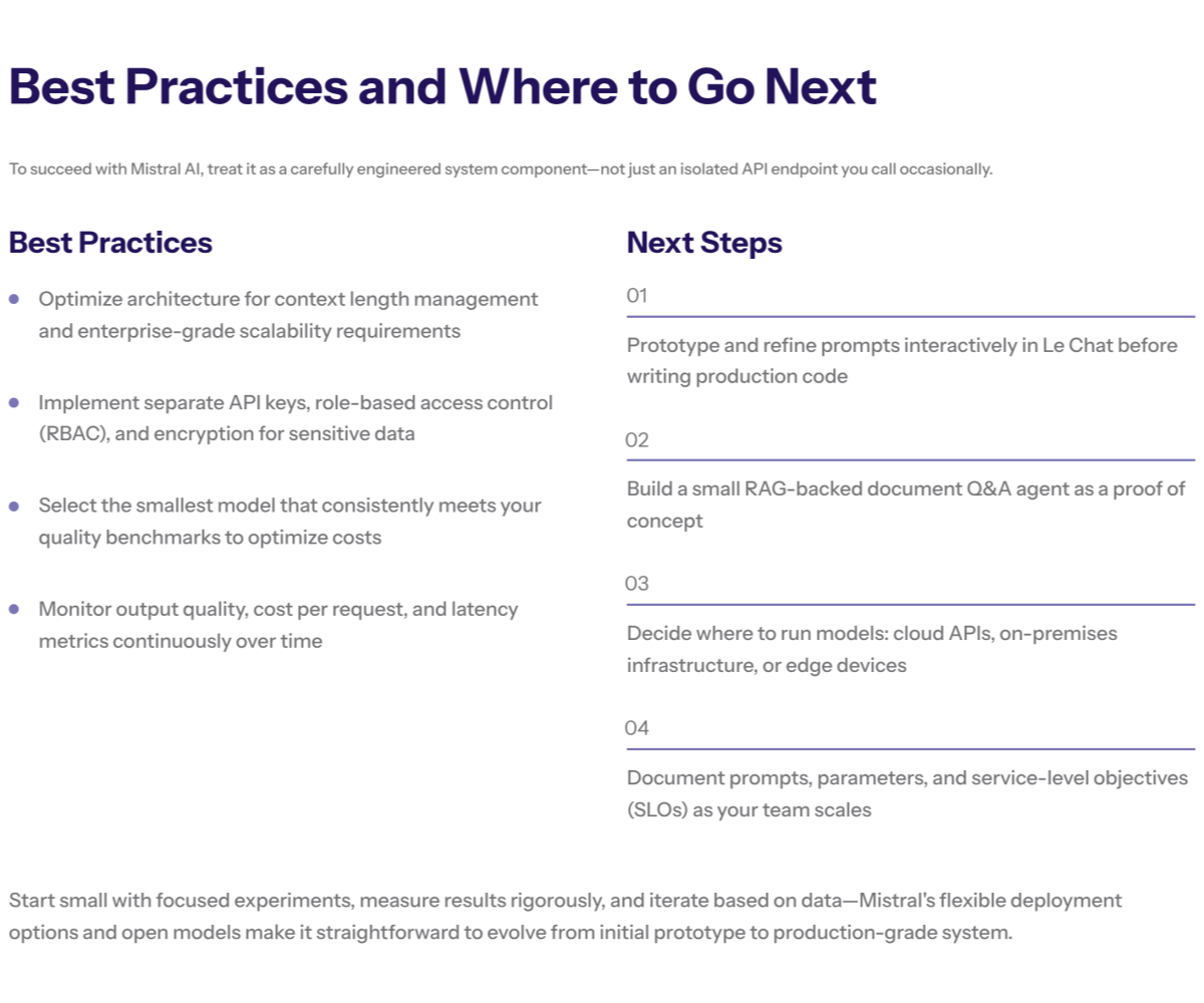 Checklist-style slide with short items such as “pick the right model,” “test prompts in Le Chat,” “log parameters and outputs,” and “monitor quality, latency, and cost over time.”