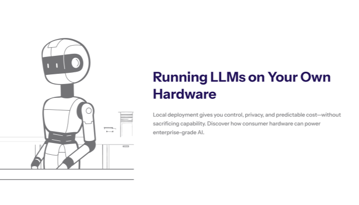 Diagram of a person using a laptop with a glowing neural-network overlay, representing large language models running locally on consumer hardware.
