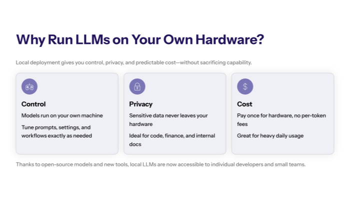 Side-by-side comparison graphic of cloud LLM vs local LLM showing arrows for latency, privacy, and cost differences.