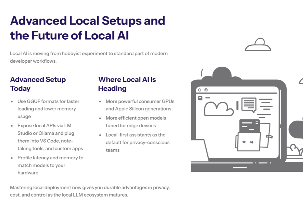 Closing illustration of a user at a desk with multiple devices, each running local AI models, symbolizing control, privacy, and cost savings.