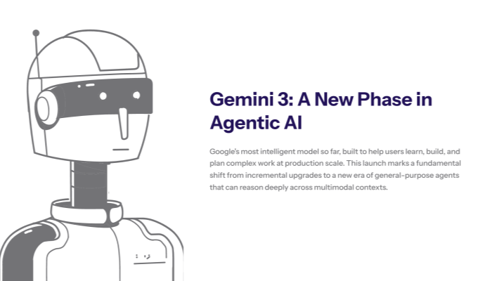 Title slide reading ‘Gemini 3: A New Phase in Agentic AI’ over a futuristic Google-style interface, with glowing nodes connecting text, image, audio, and code icons to represent multimodal intelligence