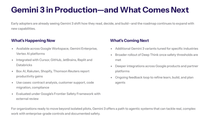 Closing slide with shield icons for safety, balance scales for responsible AI, and roadmap arrows pointing to ‘New variants’, ‘Wider Deep Think access’, and ‘Expanded platform integrations’, summarizing where Gemini 3 is heading