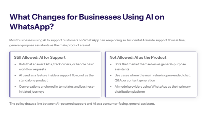 Slide detailing what changes for businesses using AI on WhatsApp, showing which support bots remain allowed (FAQ, order tracking, workflow requests) versus prohibited use cases where AI is marketed as the main general-purpose product.