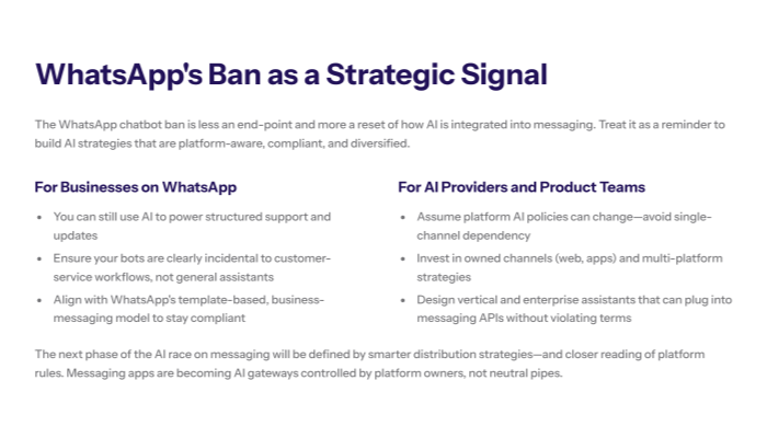 Strategic summary of WhatsApp’s chatbot ban, describing guidance for businesses on using AI for structured support and updates, and for AI providers on diversifying distribution channels and designing compliant vertical or enterprise assistants.