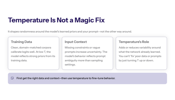 Slide titled “Low Temperature: Precision Over Variety” explaining what low T does, its pros and cons for deterministic, policy-constrained outputs, with lock and shield icons suggesting safety and controlled behavior.