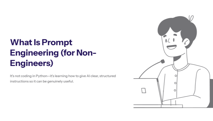 “Slide titled ‘What Is Prompt Engineering?’ explaining in simple terms that prompts are instructions to AI, why vague prompts give vague results, and how clear prompts act like small programs in natural language.”