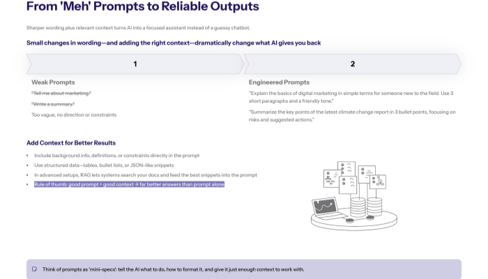 “Slide summarising practical prompt-engineering use cases—writing, summarisation, coding, multimodal prompts—and a short checklist for non-engineers on role, task, context, format, and constraints to apply in daily AI use.”
