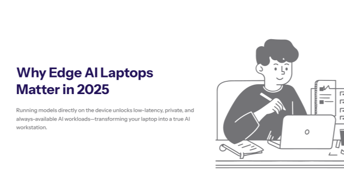 “Slide introducing edge AI on laptops, explaining on-device inference, reduced latency, better privacy, and why AI-optimised laptops matter for developers, researchers, and business users.”