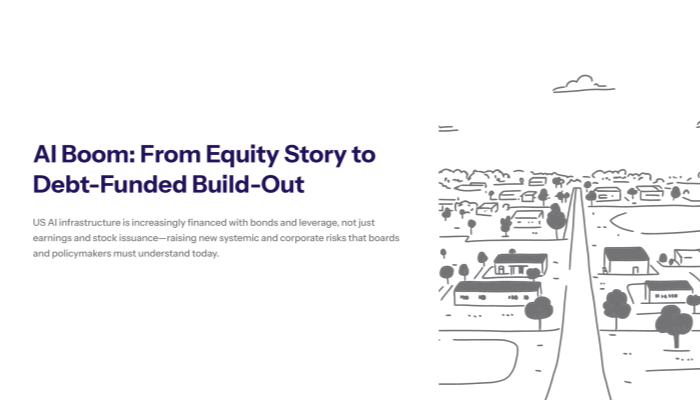 Slide titled AI Boom From Equity Story to Debt Funded Build Out explaining how the AI revolution has shifted from earnings funded innovation to a debt fuelled infrastructure build out Two columns Whats Happening lists record investment grade bond issuance for data centers and GPUs AI driven M and A increasing leverage and markets financing the wave at tight spreads Why It Matters highlights that AI capex could be a quarter of new IG supply that risks are stacking across equity and credit and that boards must question the sustainability of this exposure A purple footer banner reads Critical Insight AI strategy is now inseparable from funding leverage and credit market risk management