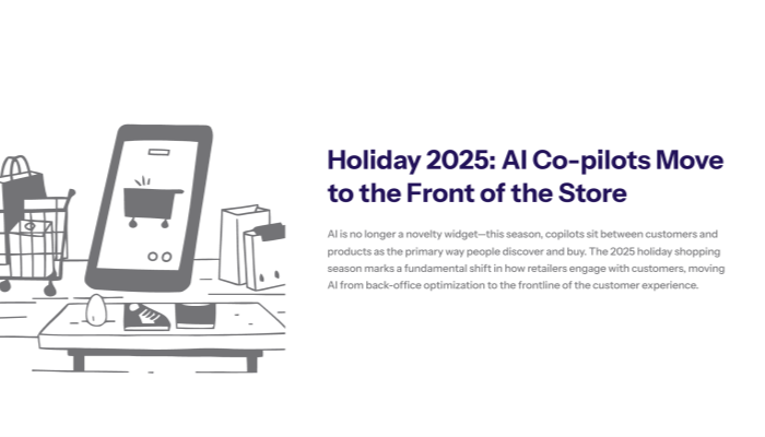“Slide titled ‘Holiday 2025: The First AI-Native Shopping Season’ with three cards: ‘Where AI Shows Up’ (search, logistics optimisation, dynamic pricing), ‘How Shoppers Experience It’ (chat box asking who you’re buying for, curated catalogue, assistants as first stop), and ‘Why Retailers Care’ (almost all large US retailers using AI, need visibility to external assistants, habits formed this season reset expectations).”