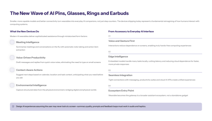 Slide titled Why This AI Wearables Cycle Is Different Two main sections From Sensor Centric to Model Centric listing on device inference intelligent preprocessing agentic capabilities and continuous learning and AIoT Wearables as Distributed AI Nodes describing continuous sensing network intelligence individual scale transformation and system level thinking Bottom callout stresses that success depends on quality of the AI stack and lifecycle management