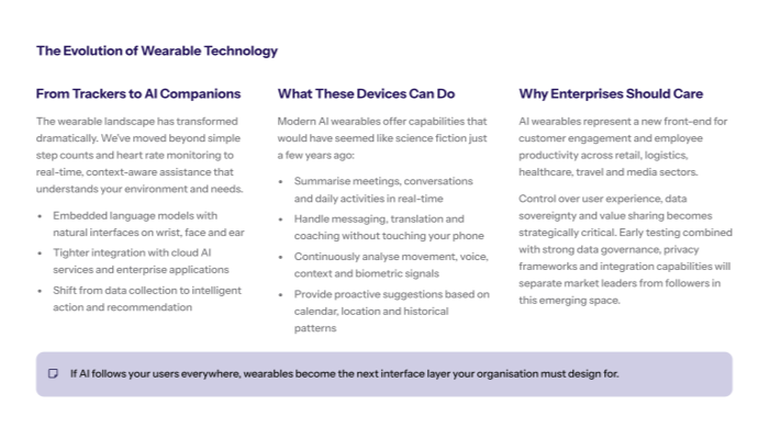 Hero slide titled AI Wearables From Passive Tracking to Always On Assistants Right side text explains how headsets pins glasses and earbuds combine on device and cloud AI to become context aware companions shifting from passive tracking to intelligent assistance Left side shows a grey illustration of smartwatches earbuds and other wearable gadgets on a table