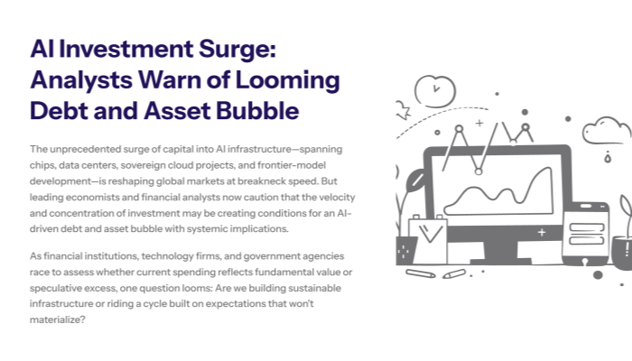 The Infrastructure-Heavy AI Boom: A Different Kind of Tech Cycle.” Left column, “Physical Capital Intensity,” explains that today’s AI boom depends on massive physical infrastructure such as GPU clusters, liquid-cooled data centers, high-capacity networking and energy-intensive compute, which increases capital requirements and market volatility. Right column, “Three Converging Forces,” lists a global race for compute scale, investor pressure to rapidly monetize generative AI, and corporate fear of competitive obsolescence. Along the bottom are three callout cards: “Amazon’s $100B Commitment” (AI-first infrastructure and custom ASIC investment), “Google’s $40B Texas Build-Out” (GPU-dense data-center expansion), and “Sovereign AI Initiatives” (government subsidies in the US, Europe and Asia for strategic AI advantage