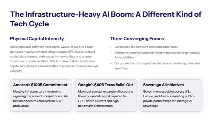 Warning Signs: Why Financial Experts Fear an AI Debt Bubble.” Intro text notes that financial institutions now track AI-related debt as a separate macro indicator as spending concentrates in heavy infrastructure. Three large cards summarize risks: “Asset Overvaluation Risk” (chip makers, cloud providers and data-center REITs priced on unrealistic long-term linear growth), “Debt-Financed Expansion” (AI capex increasingly funded via bonds, structured loans and convertibles, with returns uncertain if rates stay high), and “Productivity Gap Widening” (enterprise-wide productivity gains lag expectations due to integration and data challenges). A footer bar highlights a “Critical Gap” about the mismatch between investment pace and revenue realization as a hallmark of a speculative cycle