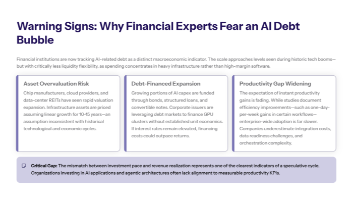 Title slide reading “AI Investment Surge: Analysts Warn of Looming Debt and Asset Bubble.” Body text explains that unprecedented capital is flowing into AI infrastructure—chips, data centers, sovereign cloud and frontier models—reshaping global markets, while economists warn this velocity and concentration may be creating conditions for a systemic AI-driven debt and asset bubble. It asks whether we are building sustainable infrastructure or riding a cycle that may not deliver expected returns. On the right, a monochrome illustration shows a desktop monitor with an upward-trending chart, a smartphone, plants and icons, symbolizing financial markets and technology