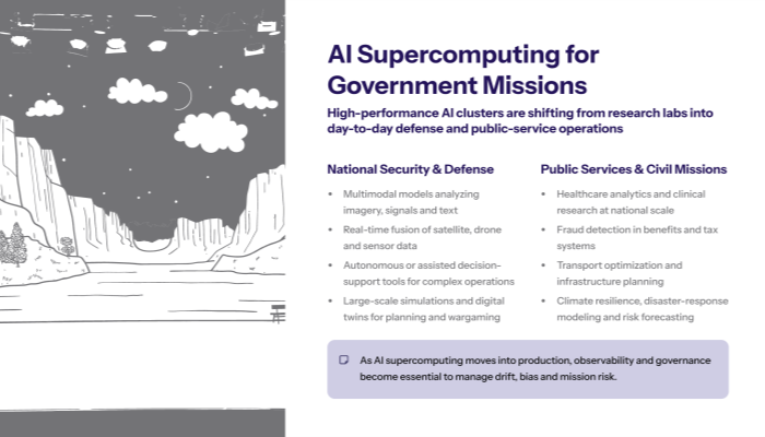 Slide showing use cases for high performance AI clusters in government with a canyon night sky illustration on the left and two bullet lists on the right covering national security and defense multimodal analysis fusion simulations and public services and civil missions healthcare fraud detection transport climate resilience ending with an insight about observability and governance
