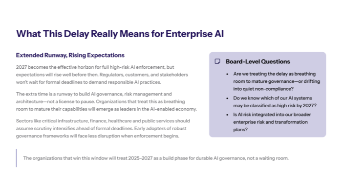  Title slide “EU AI Act Delay: Less Immediate Pressure, More Strategic Risk.” Text explains that postponing core high-risk rules to 2027 eases near-term compliance pressure but extends an uncertain period where direction is clear yet dates keep slipping, creating a critical window for enterprises to mature AI governance instead of scrambling at the deadline. Illustrated with a sketch of a European-style castle on the left.