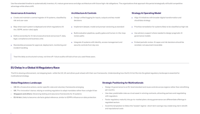 Slide titled Between Now and 2027 Turn Delay into Preparedness Top section gives three columns of actions Governance and Inventory central register of AI systems mapping deployments and regulations assigning ownership standardising approval and monitoring processes Architecture and Controls unified logging versioning evaluation pipelines integration with identity and security Strategy and Operating Model align AI with digital transformation prioritise high risk remediation use advisory support embed periodic review of AI capex and risk Bottom section EU Delay in a Global AI Regulatory Race compares global approaches US UK Singapore EU and outlines Strategic Positioning for Multinationals arguing that strong EU level AI governance becomes a competitive advantage not just a compliance cost
