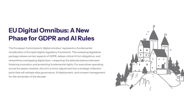 Slide comparing Business and Industry Perspective versus Civil Rights and Privacy Perspective on the EU digital omnibus with text boxes explaining competitiveness arguments on one side and erosion of rights concerns on the other plus a note about the fundamental tension for EU regulation at the bottom