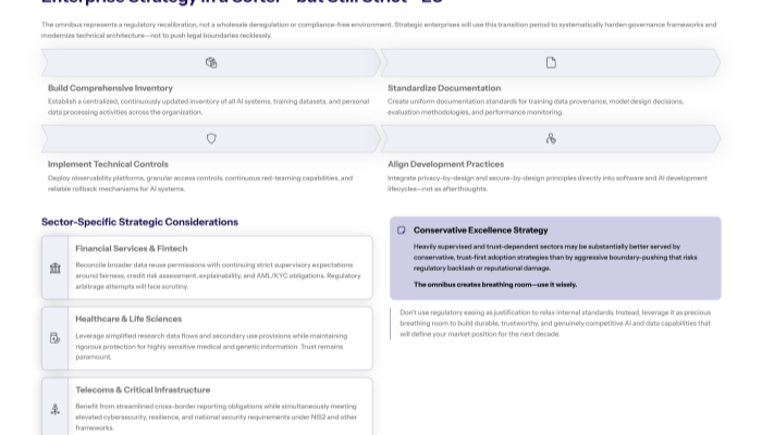 Slide outlining enterprise strategy under the softened but still strict EU regime with a horizontal process graphic for inventory documentation technical controls and development practices sector specific boxes for finance healthcare and telecoms and a Conservative Excellence Strategy call out stressing trust first adoption