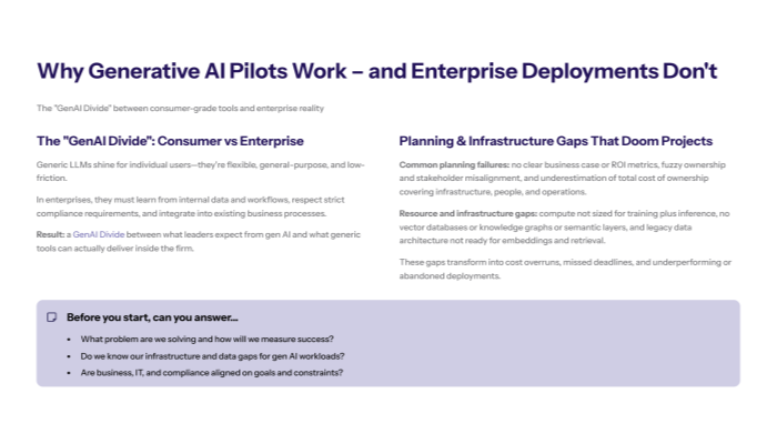 Key reasons generative AI pilots succeed while enterprise deployments fail due to planning and infrastructure gaps