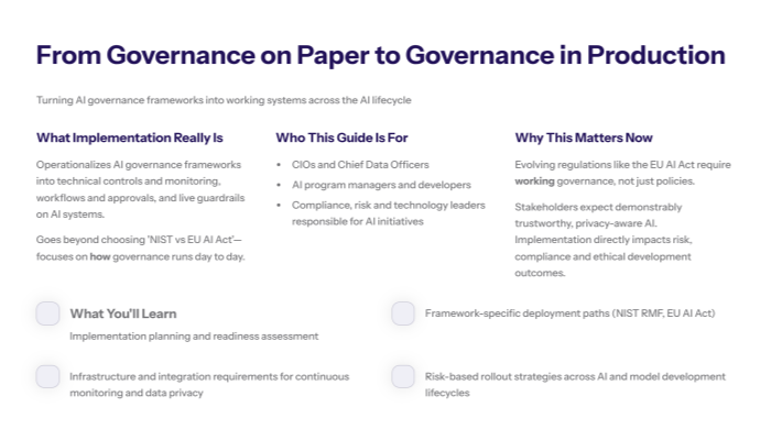 AI governance moves from policy to practice through technical controls, monitoring, and integration. This guide explains why operational governance matters for compliance and trust.