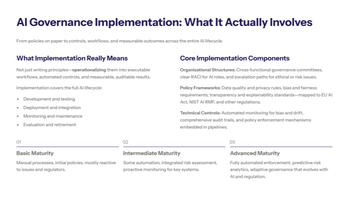 Breakdown of technical and organizational components required for practical AI governance, from monitoring systems to role assignments and training.