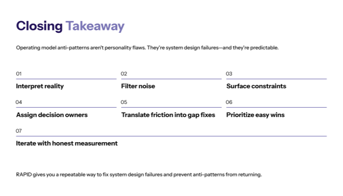 Closing Takeaway: Decide logic makes this honest: stay, change, or stop based on results.