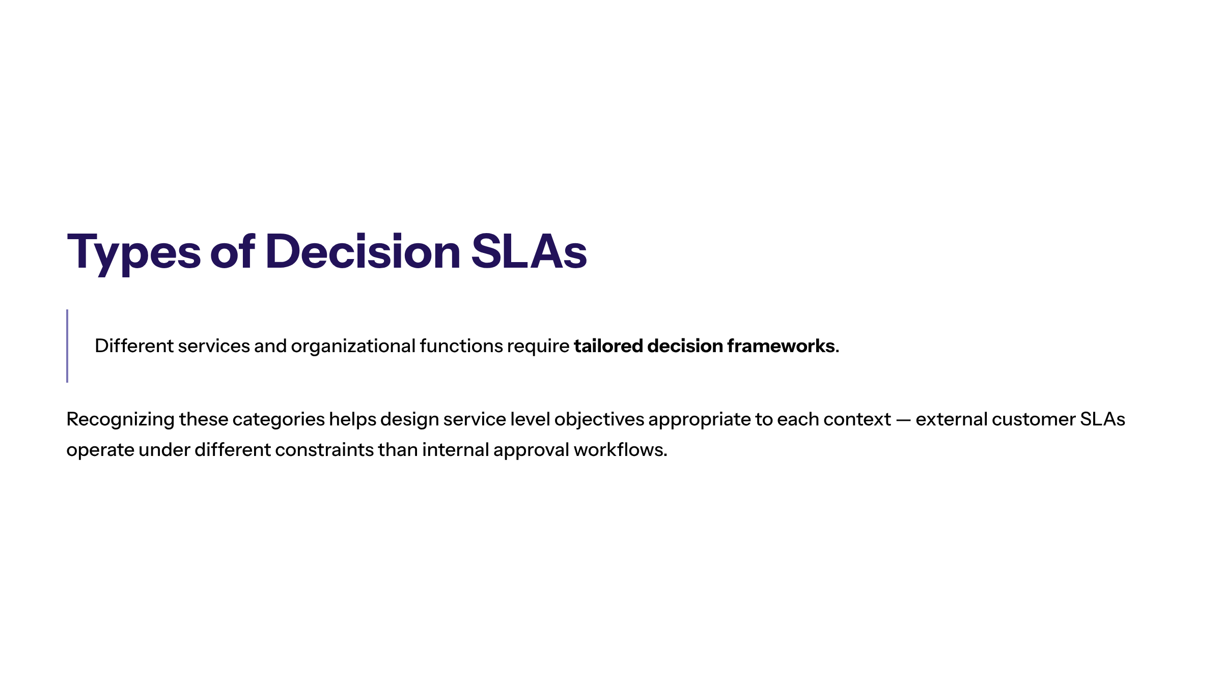 Minimal enterprise visual for Types of Decision SLAs with purple and electric-blue accents and a KPI widget illustrating different services organizational.