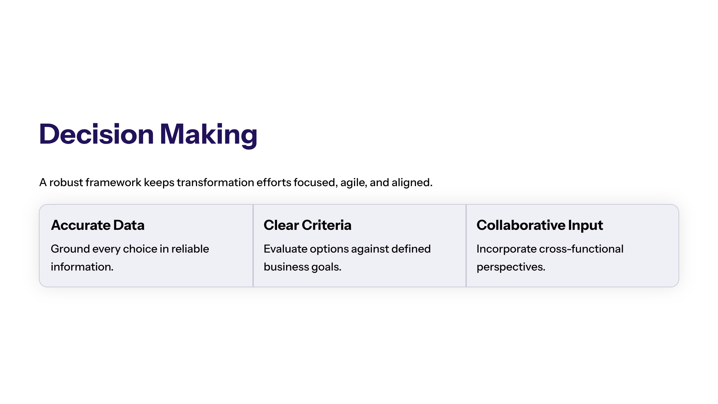 Minimal enterprise visual for Decision Making with purple and electric-blue accents and a KPI widget illustrating effective decision making core any successful.