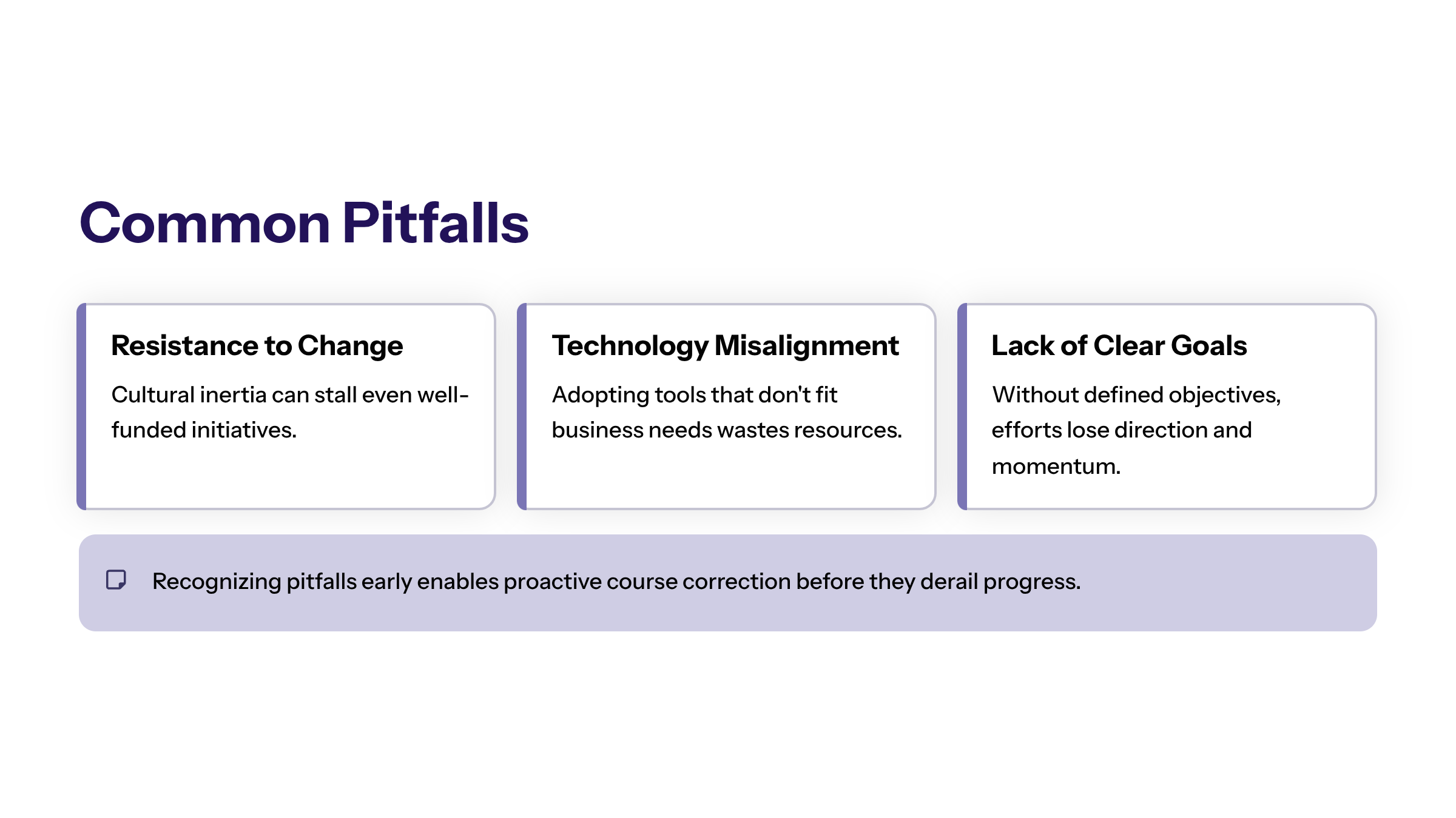 Minimal enterprise visual for Common Pitfalls with purple and electric-blue accents and a KPI widget illustrating embarking digital transformation journey complex.
