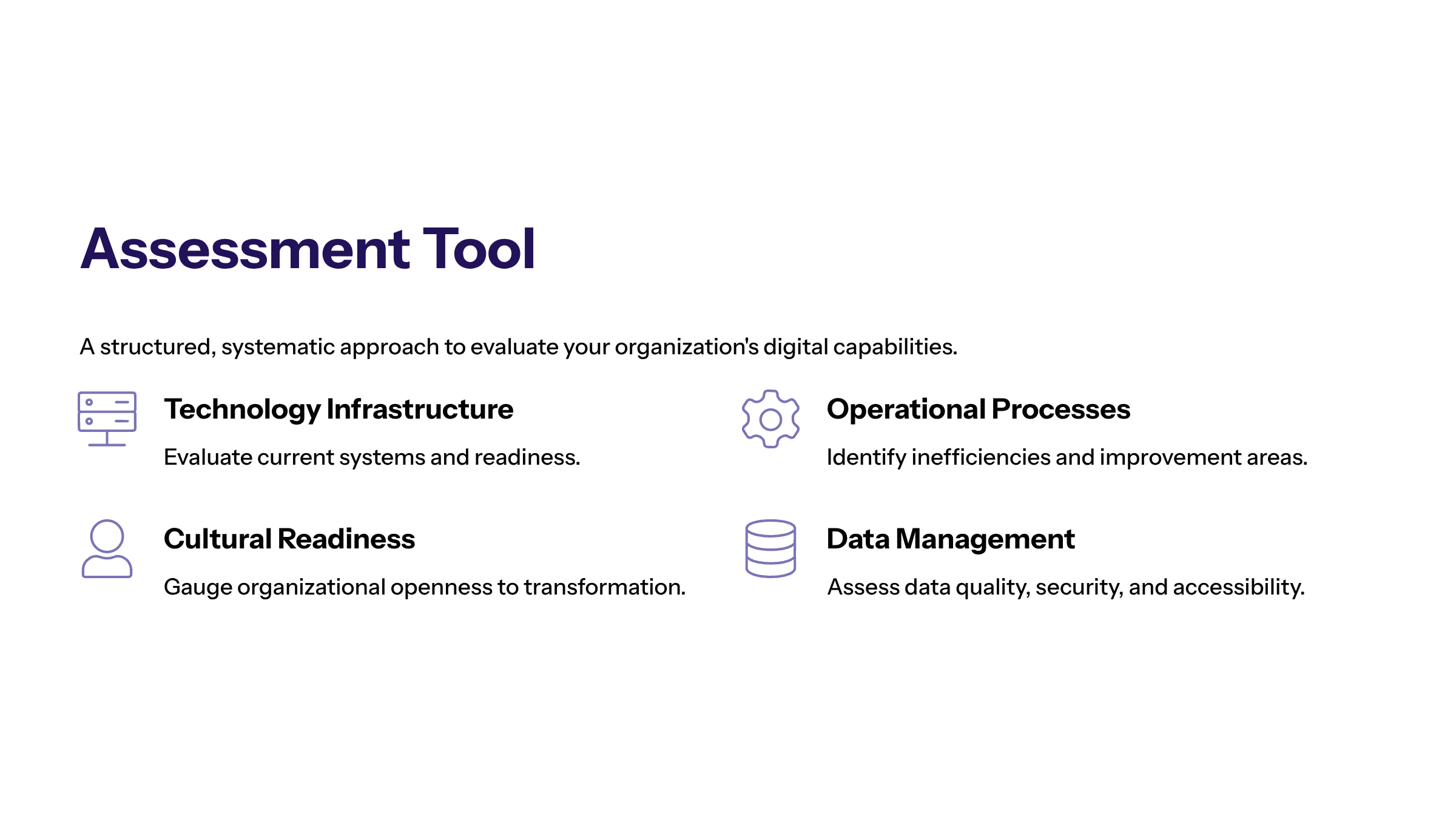 Minimal enterprise visual for Assessment Tool with purple and electric-blue accents and a KPI widget illustrating digital transformation assessment tool essential.