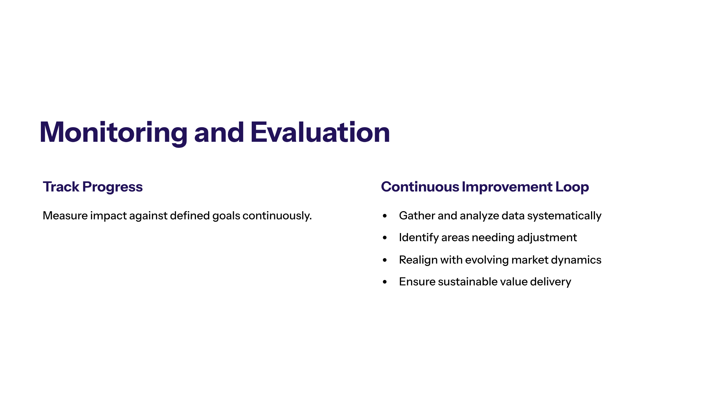 Minimal enterprise visual for Monitoring and Evaluation with purple and electric-blue accents and a KPI widget illustrating effective monitoring evaluation.