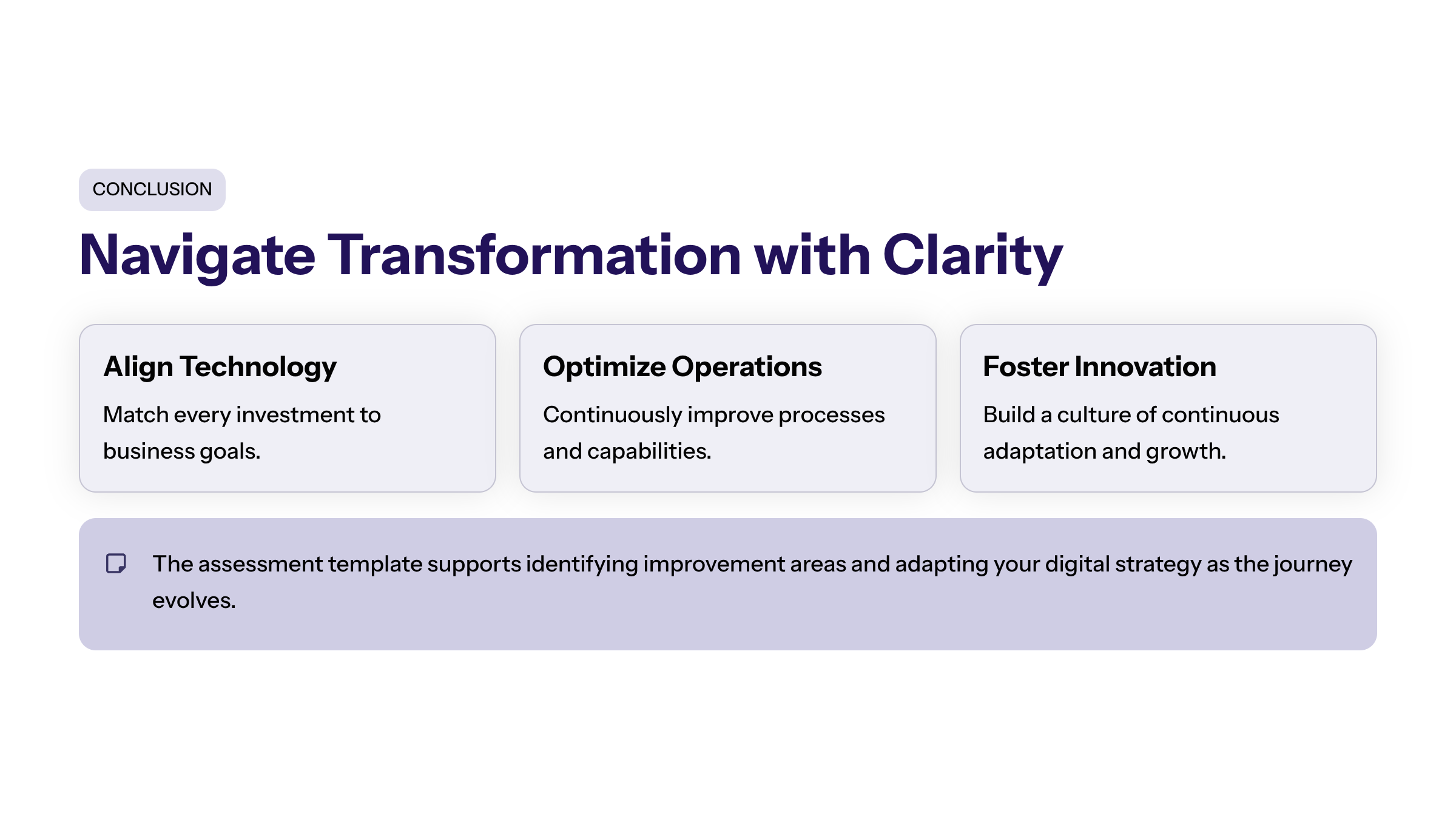Minimal enterprise visual for Conclusion with purple and electric-blue accents and a KPI widget illustrating leveraging comprehensive digital transformation.