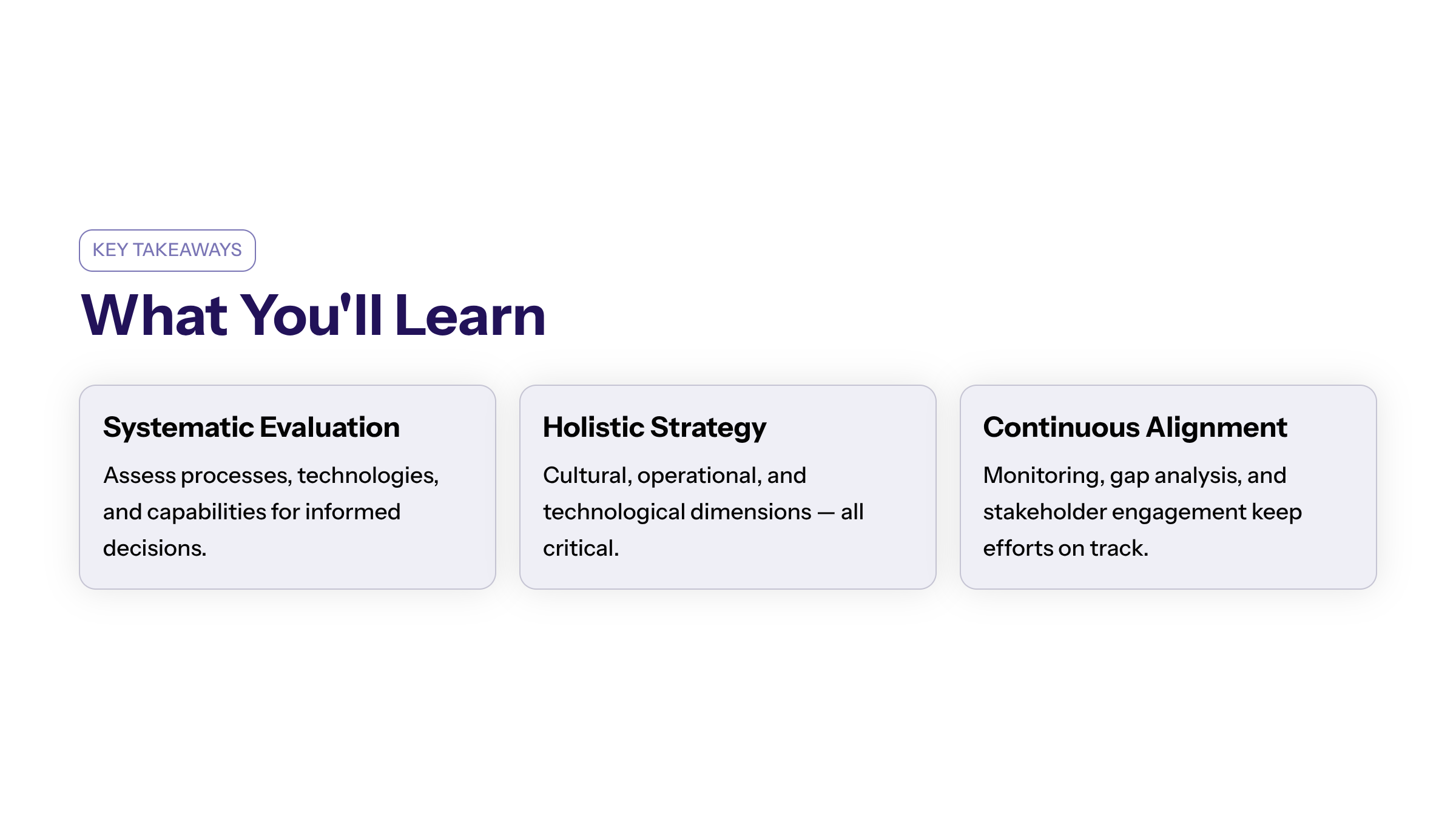 Minimal enterprise visual for Key Takeaways: with purple and electric-blue accents and a KPI widget illustrating digital transformation assessment template.