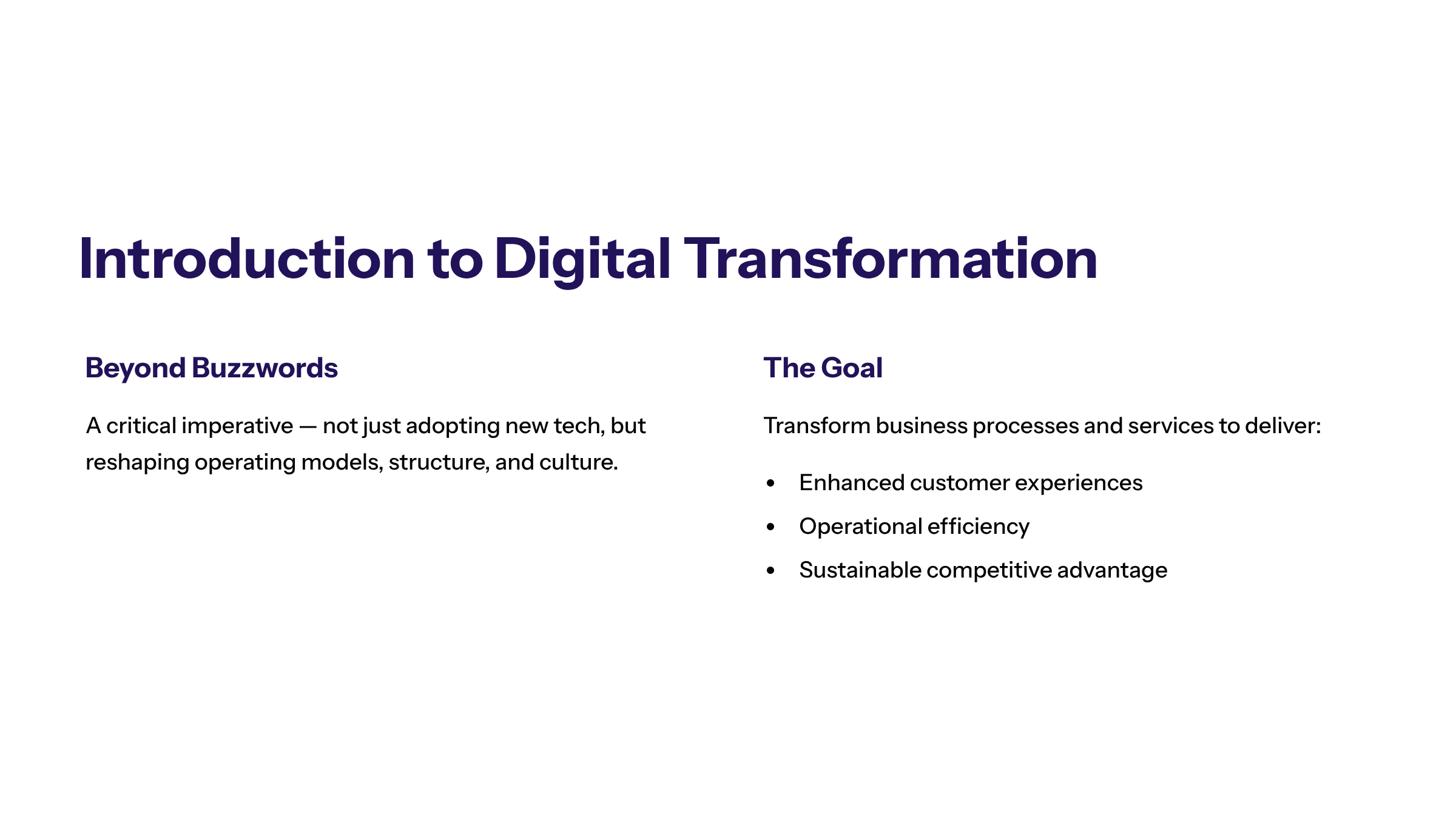 Minimal enterprise visual for Introduction to Digital Transformation with purple and electric-blue accents and a KPI widget illustrating digital transformation no.