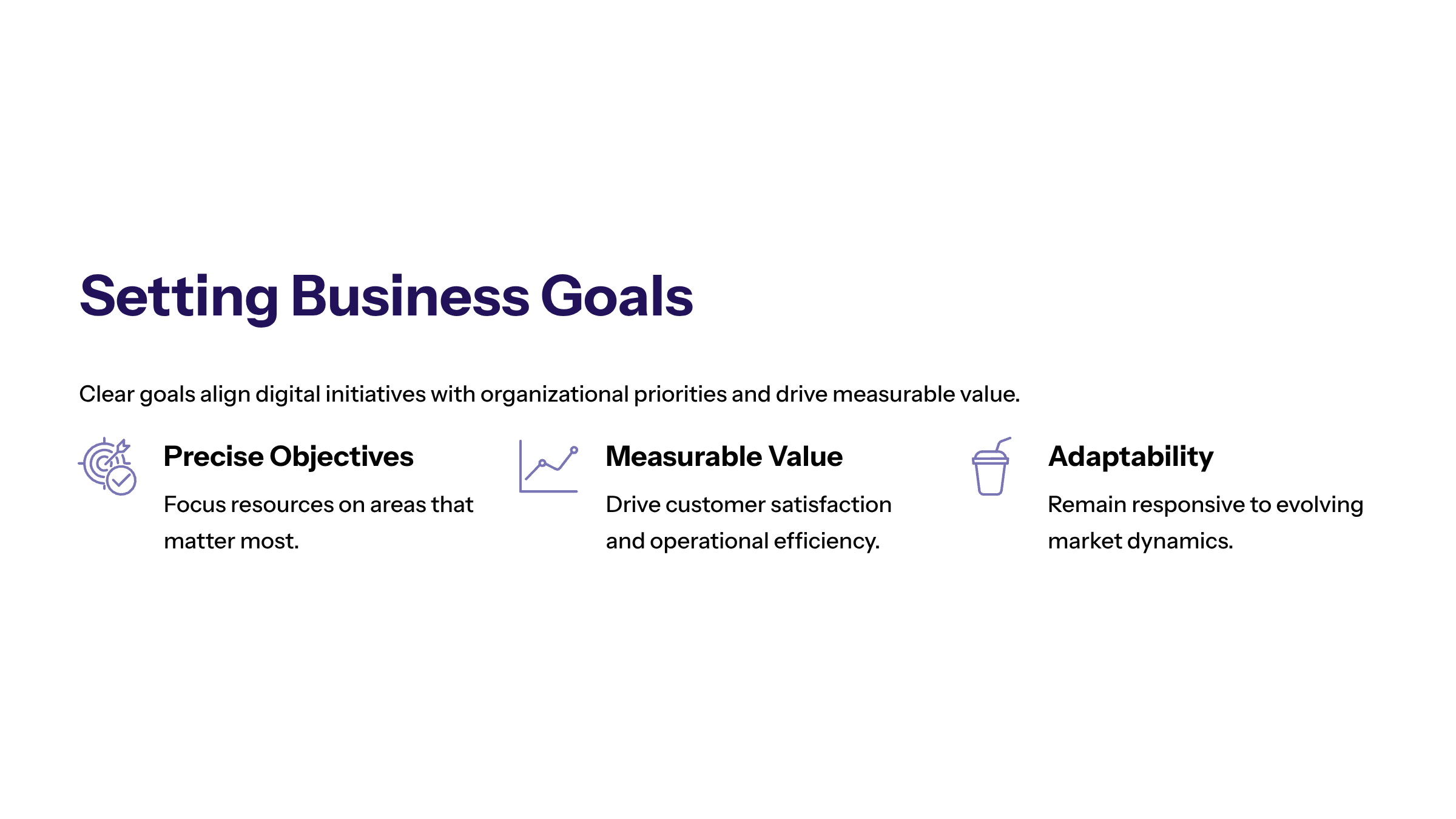 Minimal enterprise visual for Setting Business Goals with purple and electric-blue accents and a KPI widget illustrating setting clear strategic business goals.