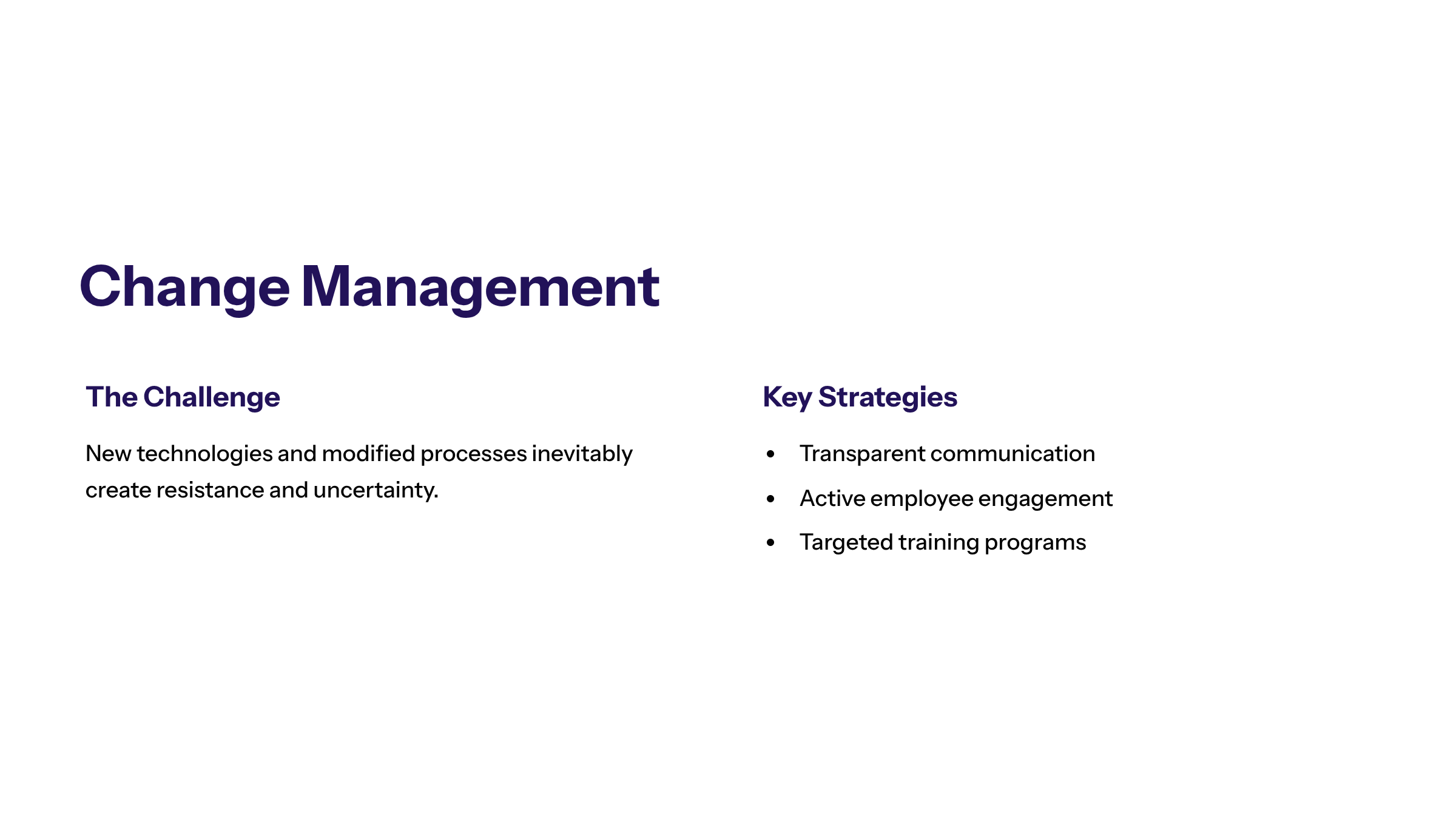 Minimal enterprise visual for Change Management with purple and electric-blue accents and a KPI widget illustrating effective change management critical component.