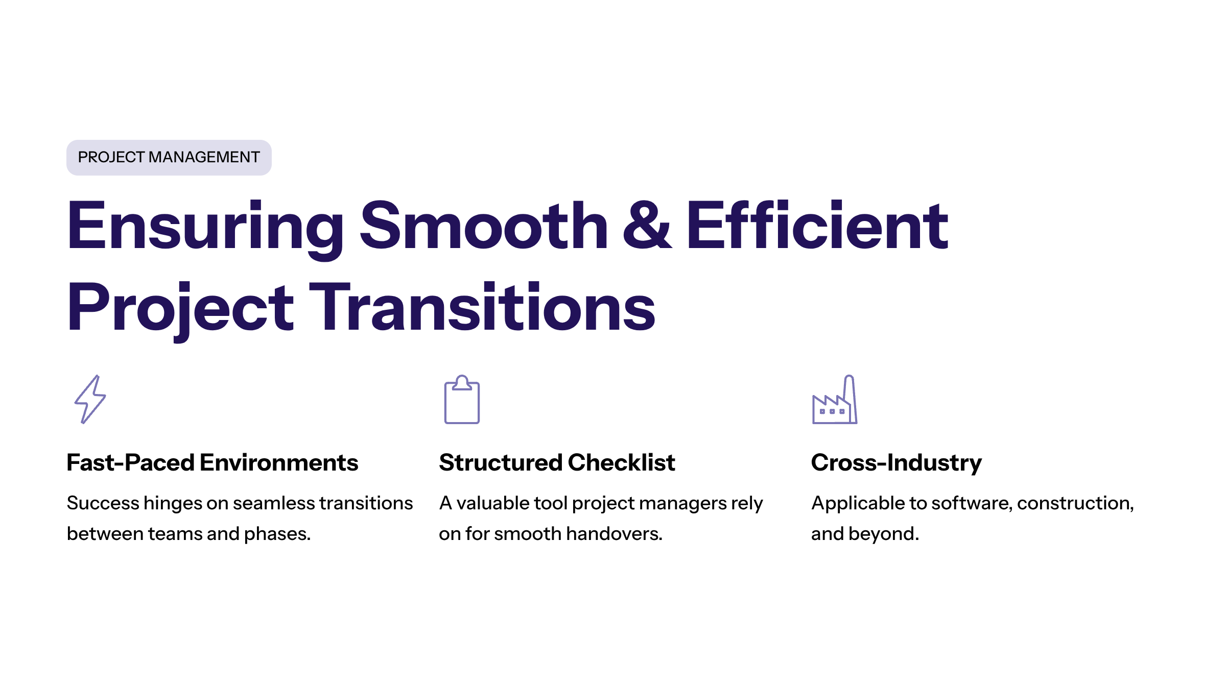 Minimal enterprise visual for Handoff Mapping Checklist: Ensuring Smooth and Efficient with purple and electric-blue accents and a KPI widget illustrating today s.