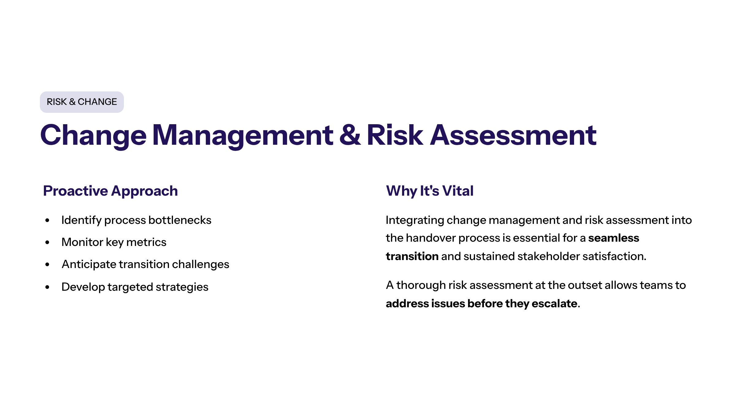 Minimal enterprise visual for Change Management and Risk Assessment: Engaging Key with purple and electric-blue accents and a KPI widget illustrating integrating.