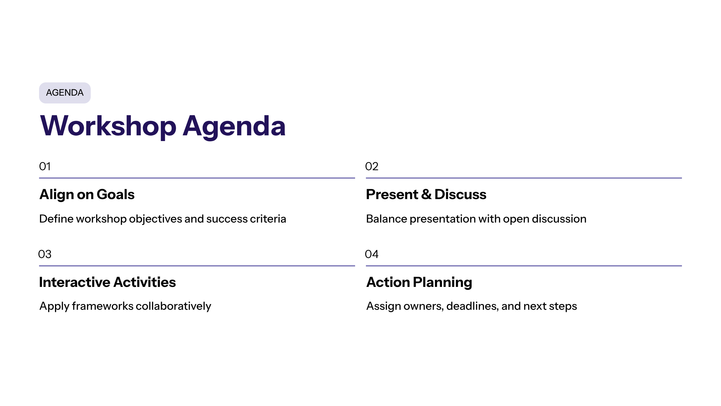 Minimal enterprise visual for Workshop Agenda with purple and electric-blue accents and a KPI widget illustrating well-structured agenda essential productive.