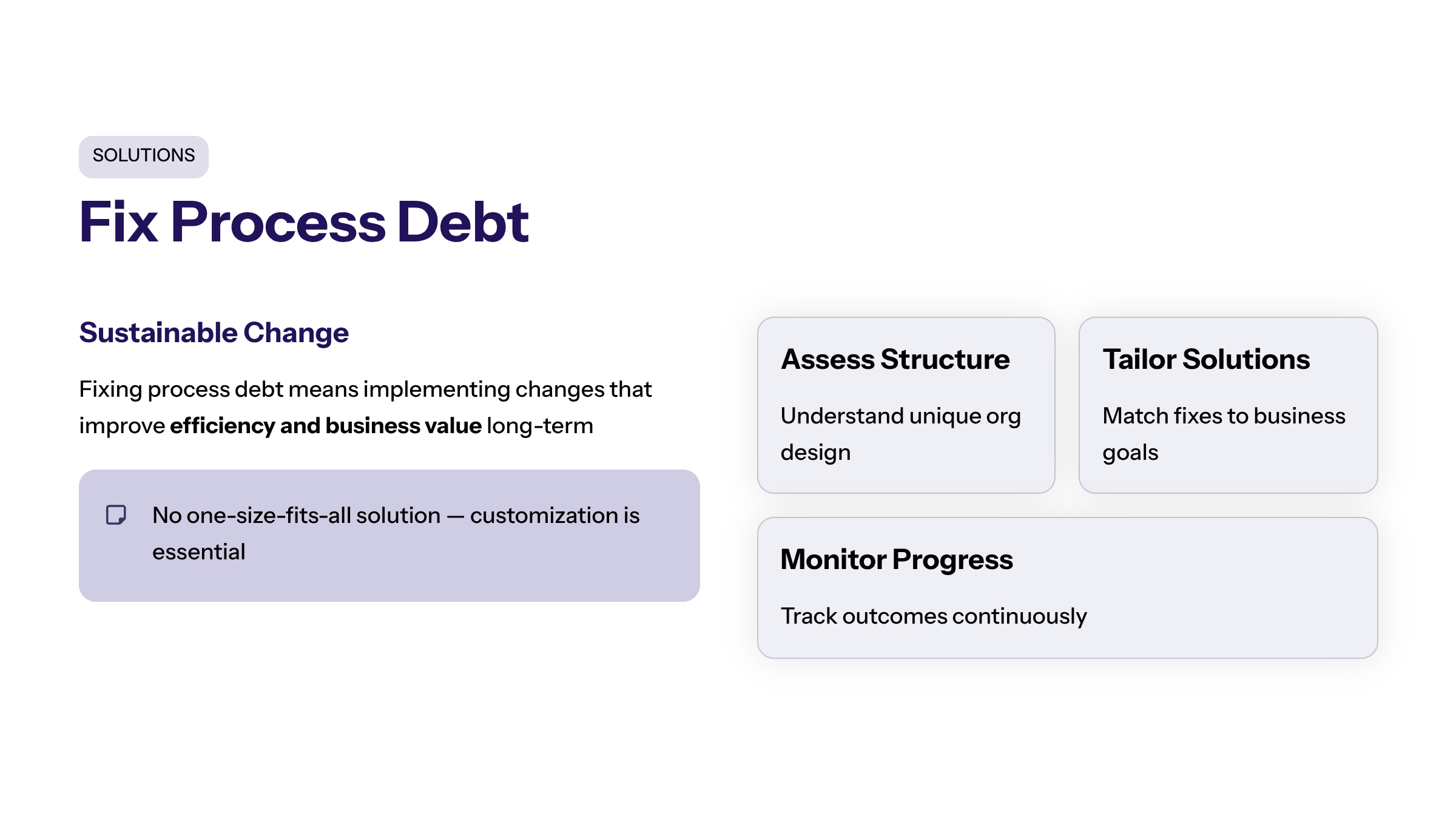 Minimal enterprise visual for Fix Process Debt with purple and electric-blue accents and a KPI widget illustrating fixing process debt involves implementing.