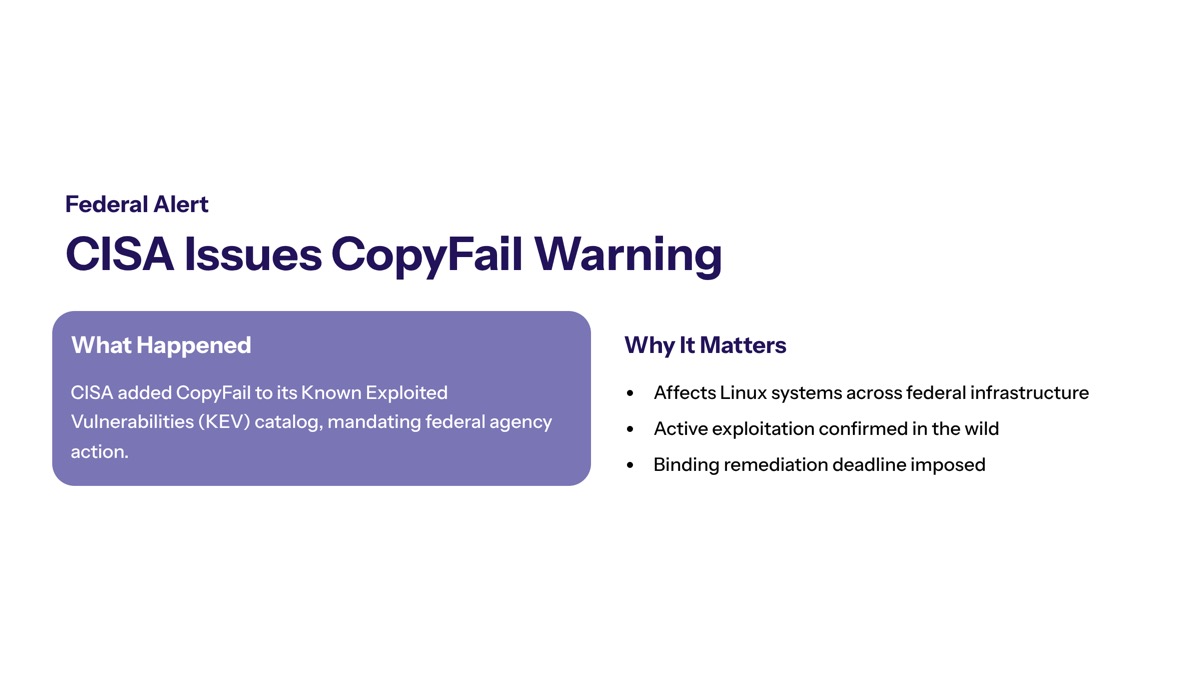 CISA CopyFail Linux vulnerability visual for CISA Warns Federal Agencies About CopyFail Linux Vulnerability: Critical CVE-2026-31431 Requires Immediate Action